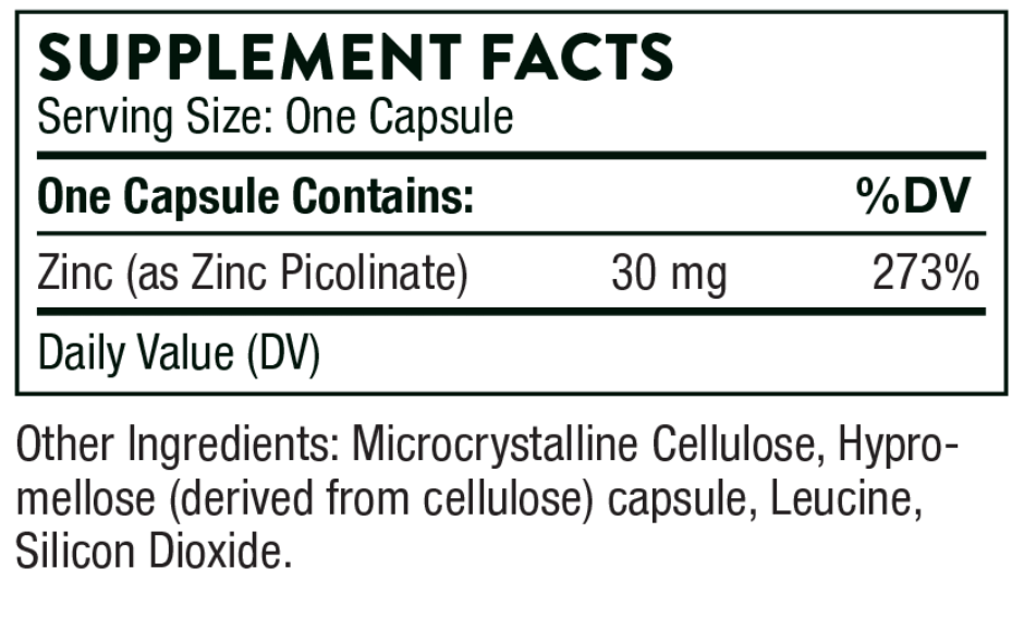 Thorne Zinc Picilonate 30 mg Ingredients Image